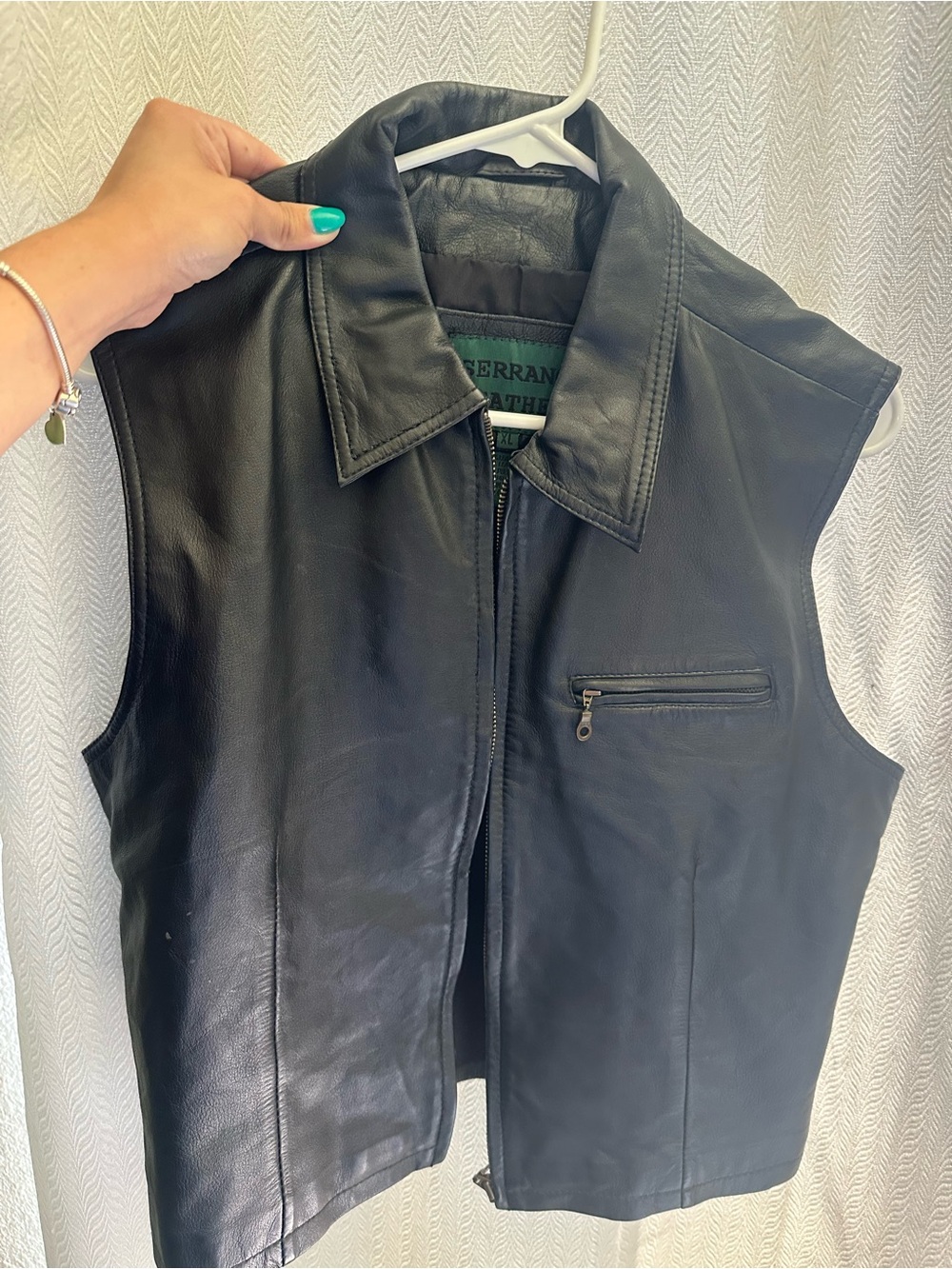 Serra Black Leather Sleeveless Zip Vest with Chest Pocket